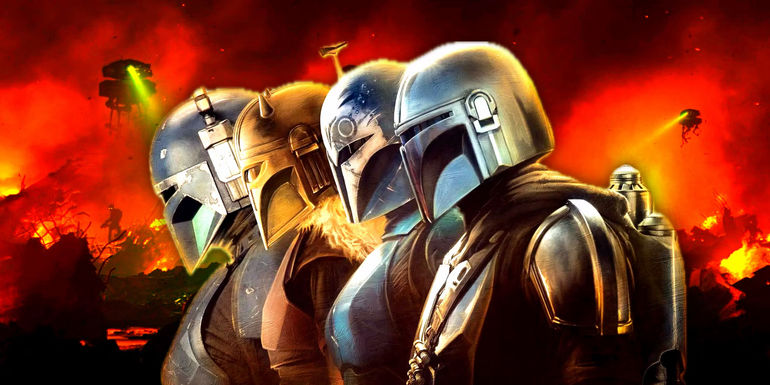 Paz Vizsla, the Armorer, Bo-Katan Kryze, and Din Djarin in The Mandalorian season 3 superimposed over the fall of Mandalore