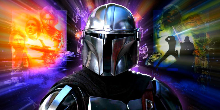 Din Djarin in The Mandalorian season 3 episode 6 with the original Star Wars trilogy movie posters in the background