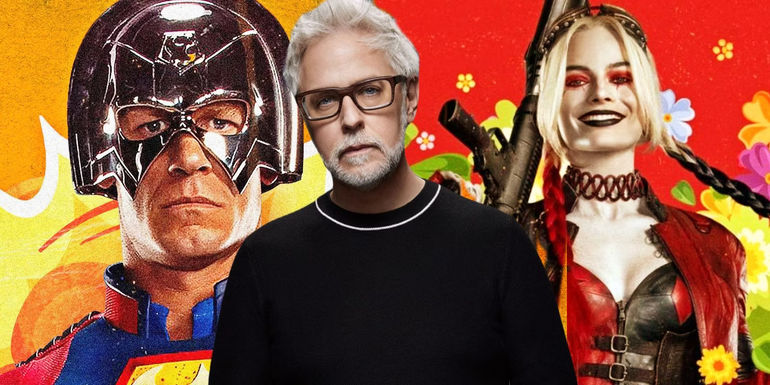 James Gunn in front of Peacemaker and Harley Quinn