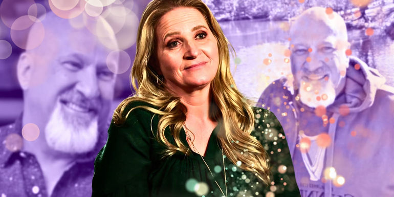 Montage of Sister Wives' Christine Brown and David Woolley with purple background