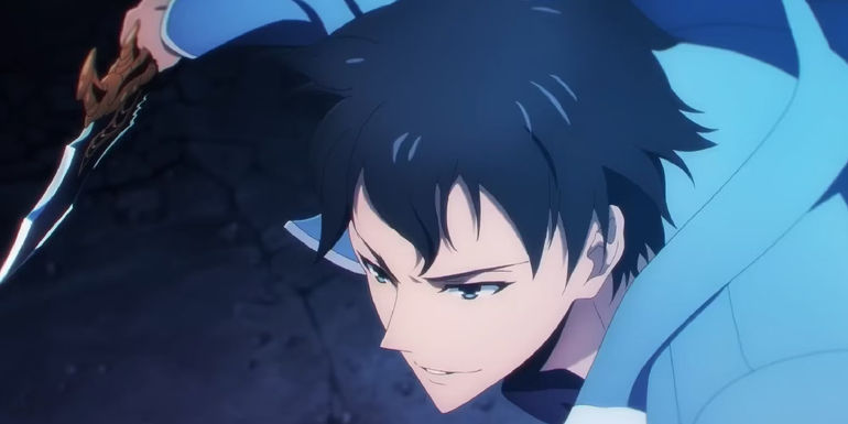 Sung Jin-woo from Solo Leveling holding a dagger and preparing to lunge at an enemy with his blade.