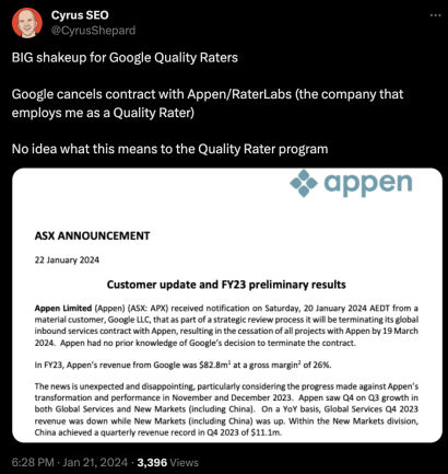 Google Terminates Contract With Appen For Search Quality Raters