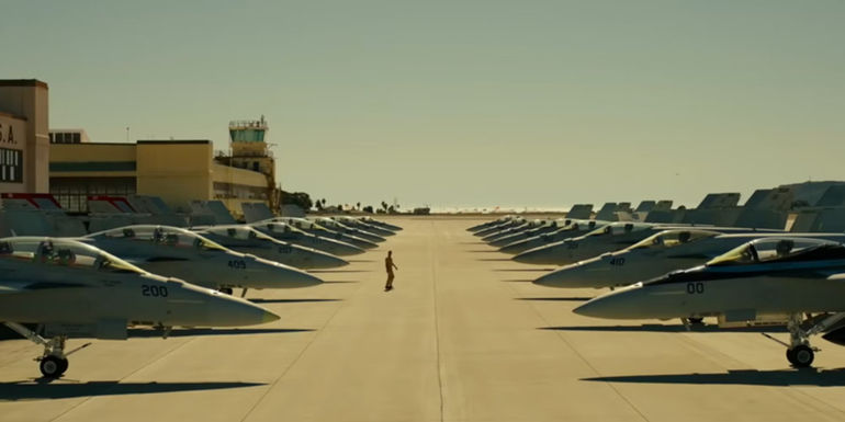 A lineup of Superhornet jets in Top Gun Maverick