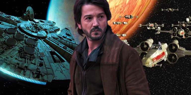 Cassian Andor between images of the Millennium Falcon and Rebel Alliance X-Wings above different Star Wars planets