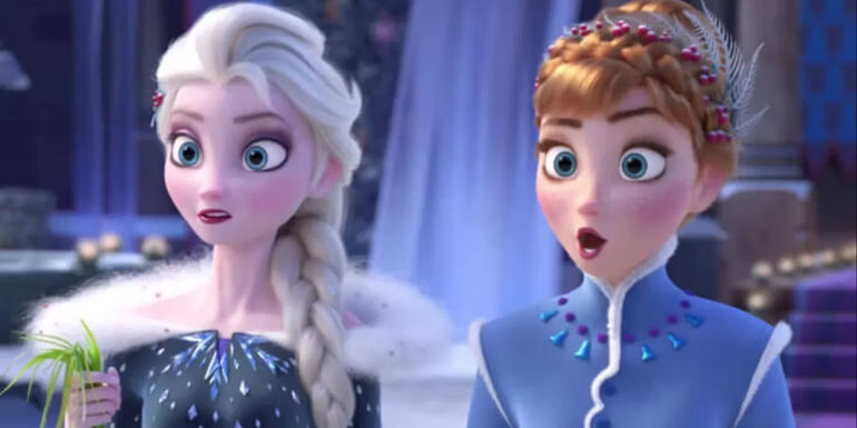 Anna and Elsa looking surprised in Frozen 2