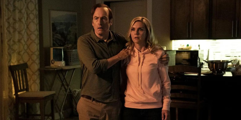 Bob Oedenkirk as Jimmy McGillSaul Goodman and Rhea Seehorn as Kim Wexler in a scene from Better Call Saul.
