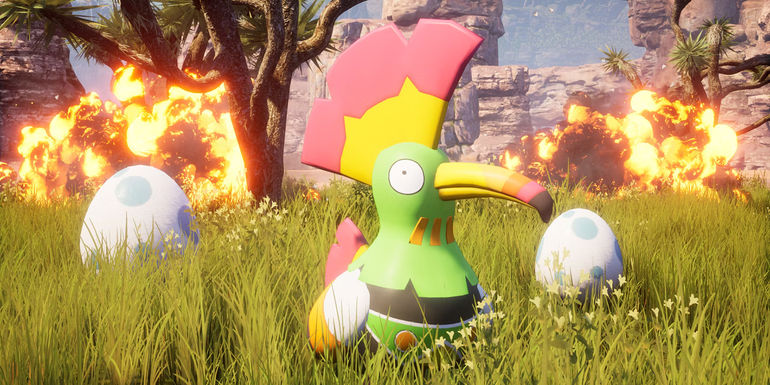 Palworld Pal with explosions in the background