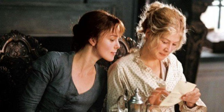Elizabeth and Jane Bennet reading a letter in Pride and Prejudice.