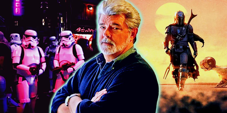 Test footage from Star Wars: Undworld and The Mandalorian season 1 poster, with George Lucas in the center.