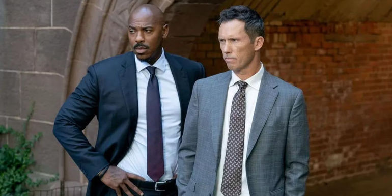 Mehcad Brooks as Detective Jalen Shaw and Jeffrey Donovan as Detective Frank Cosgrove in Law & Order.
