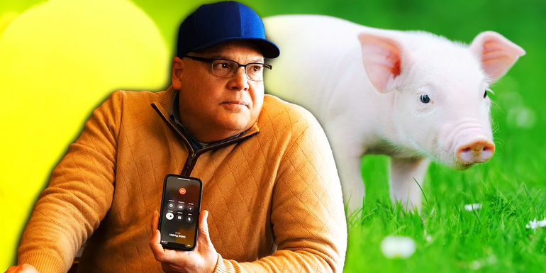 Steve Cohen và chú heo cưng Romeo trong Dumb Money
