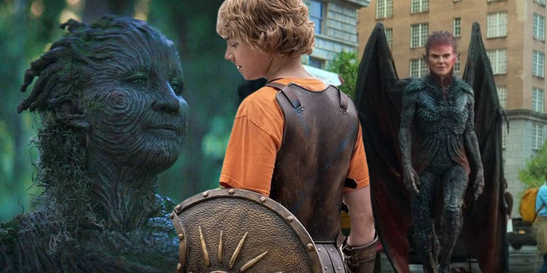 Percy Jackson with his sword and shield between a Wood Nymph and a Fury