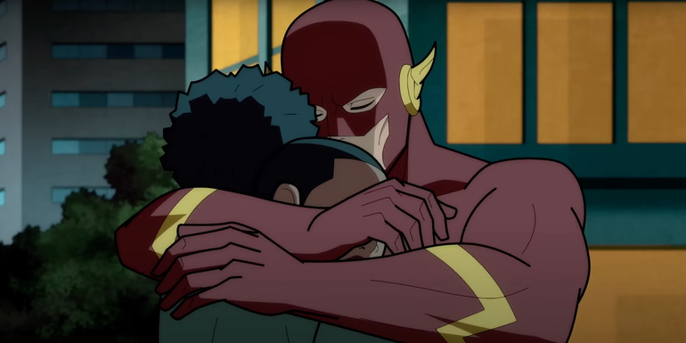 The Flash and Iris West hug in Justice League Crisis on Infinite Earths