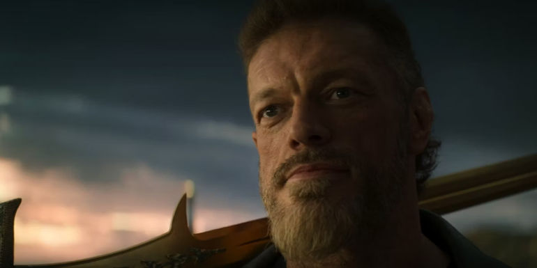 Ares lifting his sword in Percy Jackson episode 7