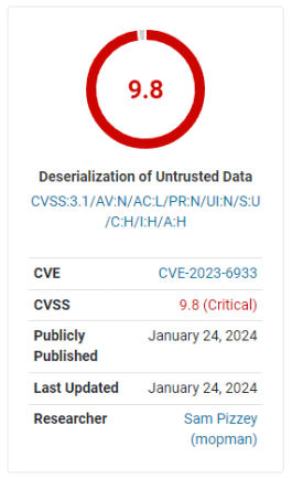 Screenshot of severity score rating of 9.8 of a vulnerability discovered in Better Search Replace WordPress plugin