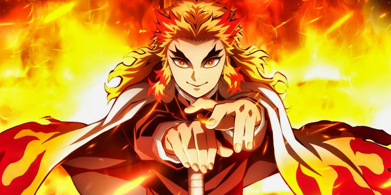 Kengoku surrounded by fire in Demon Slayer