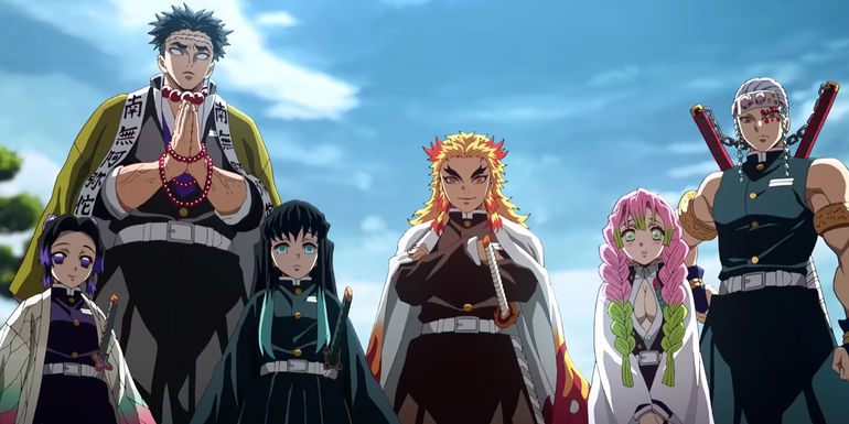 The Hashira in Demon Slayer featuring Shinobu, Gyomei, Muichiro, Rengoku, Mitsuri and Tengen from left to right.
