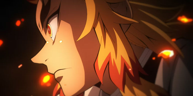 A closeup of Rengoku from Demon Slayer