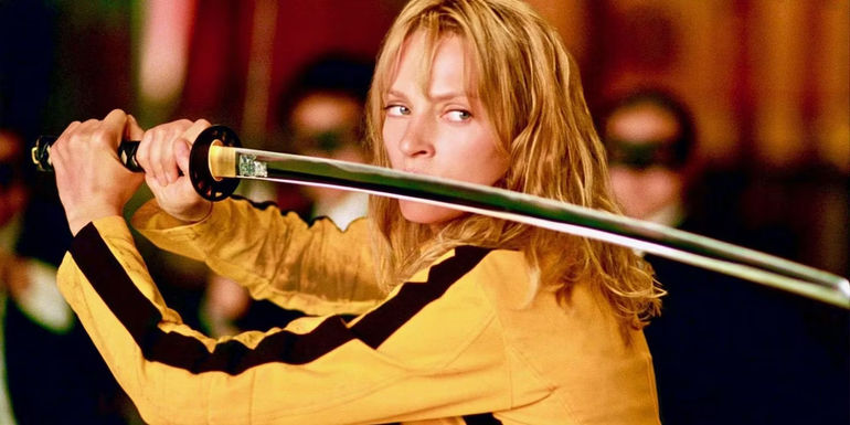 The Bride assumes a warrior's stance while surrounded by members of the lethal Crazy 88 gang in Kill Bill Vol.1