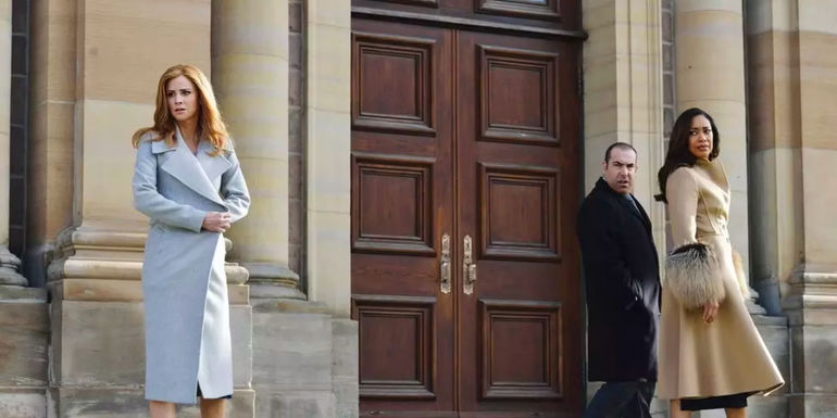 Characters from Suits are walking in different directions.