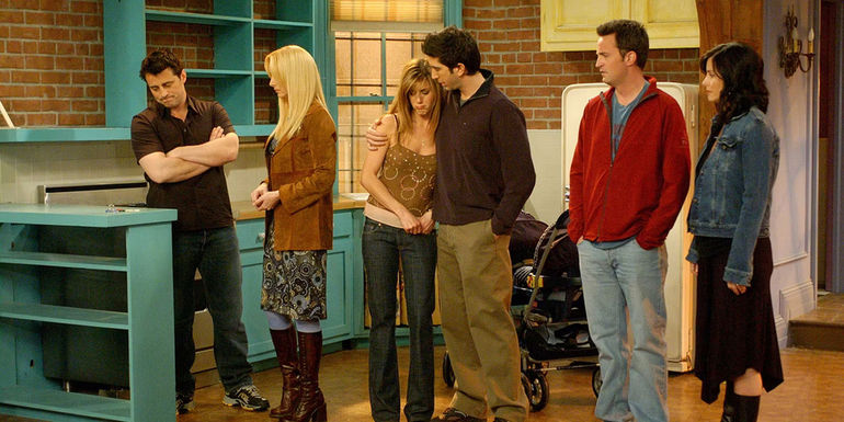 The Cast of Friends in the empty apartment in the Series Finale