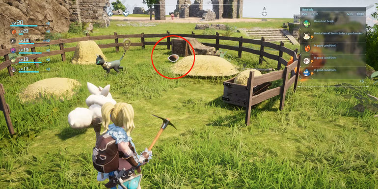 Image of a Mau finding some Gold Coins at the Ranch in Palworld