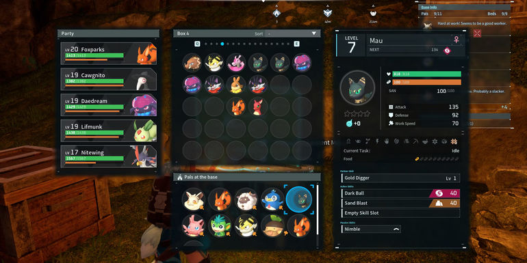 Image of a Mau being placed in the base in Palworld