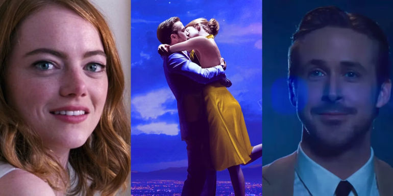 Split image of Emma Stone, Mia and Seb dancing in La La Land, and Ryan Gosling
