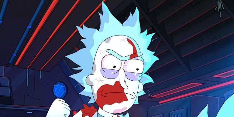 A bloodied Rick prepares to hit someone in Rick and Morty season 7 episode 5