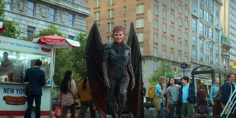 Alecto aka Mrs Dodds striding towards Percy in Percy Jackson episode 1