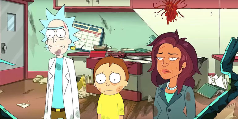 An annoyed Rick, a despondent Morty, and an unknown new character stand in a trashed office in Rick and Morty season 7 trailer