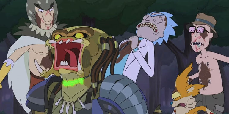 Birdperson, Rick, Squanchy, and Gene beat up the Predator in Rick and Morty season 7 episode 1
