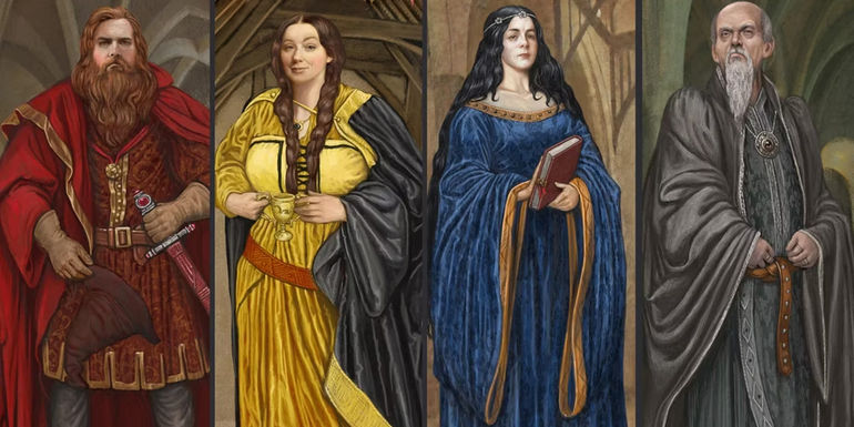 An illustration of Godric Gryffindor, Helga Hufflepuff, Rowena Ravenclaw, and Salazar Slytherin.