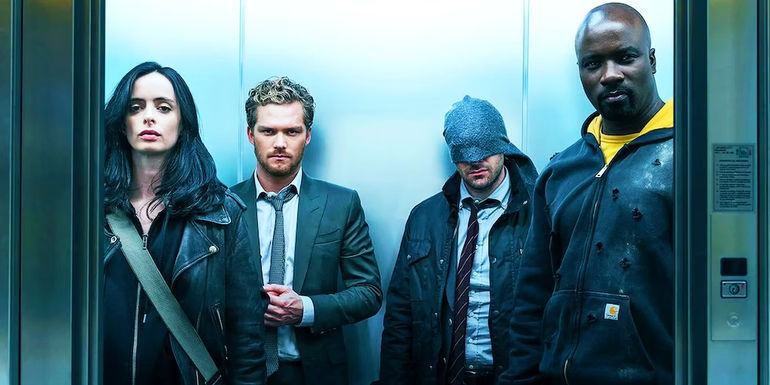 Jessica Jones, Danny Rand, Matt Murdock and Luke Cage in an elevator in Netflix's The Defenders