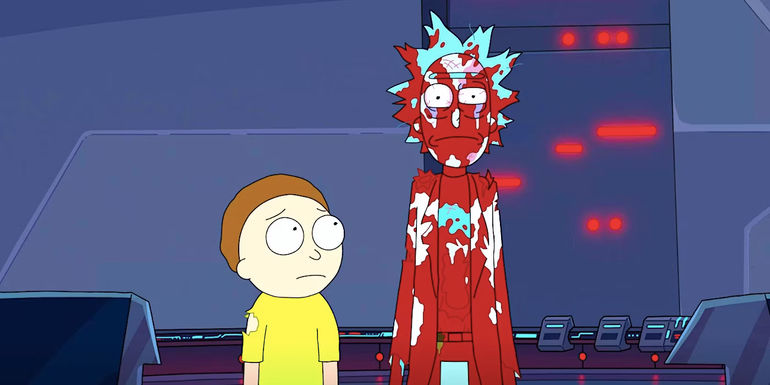 Morty looks worried beside a blood-soaked Rick in Rick and Morty season 7 episode 5
