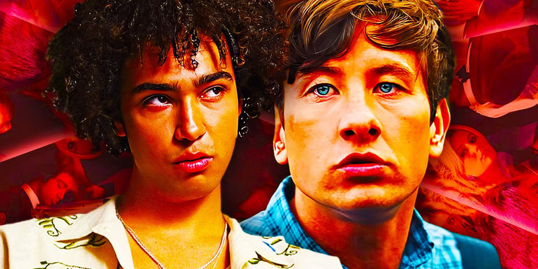 Farleigh and Oliver in Saltburn with reflections of the Catton family in the background