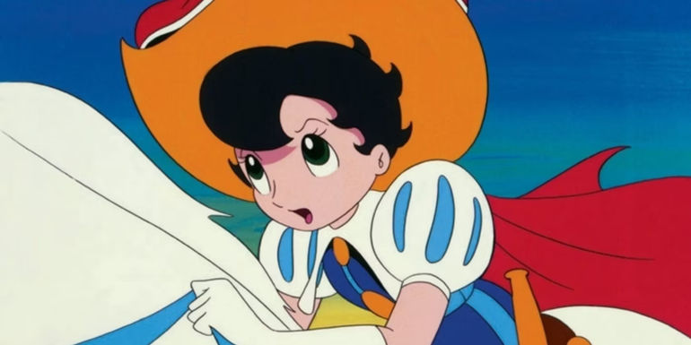 Sapphire from the Princess Knight anime riding a horse.