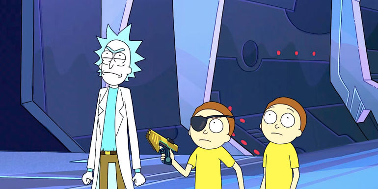 Rick Evil Morty and Morty stare angrily in a spaceship in Rick and Morty season 7 episode 5