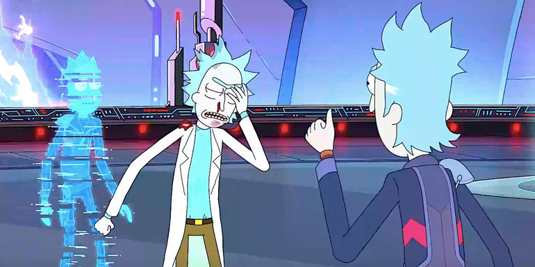 Rick facepalms while Rick Prime stands in front of him and a hologram Rick Prime stands behind him in Rick and Morty season 7 episode 5