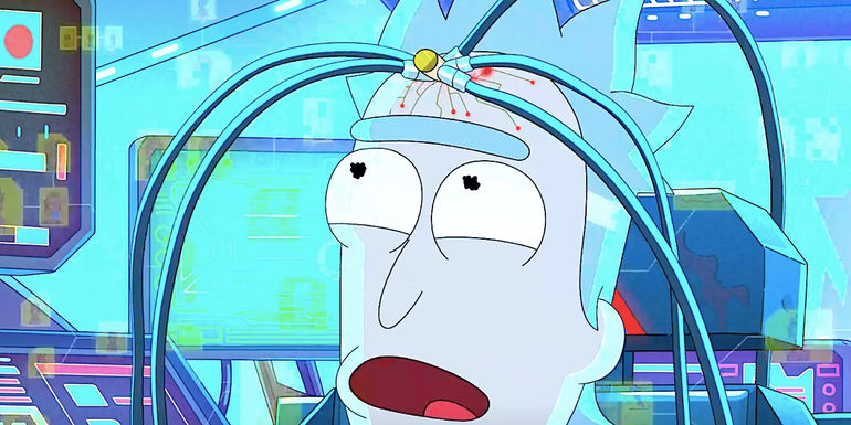 Rick Prime looking scared with electrodes in his forehead in Rick and Morty season 7 episode 5