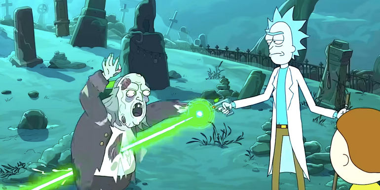 Rick shoots Benjamin Franklin's reanimated corpse with a laser in a pet sematary in Rick and Morty season 7