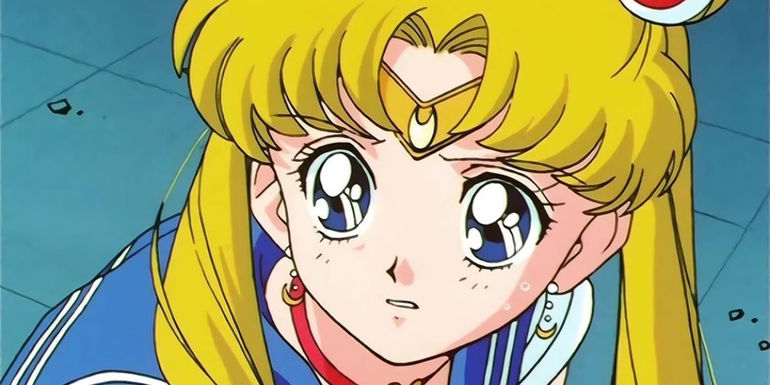 Sailor Moon in an iconic moment making a distressed expression.