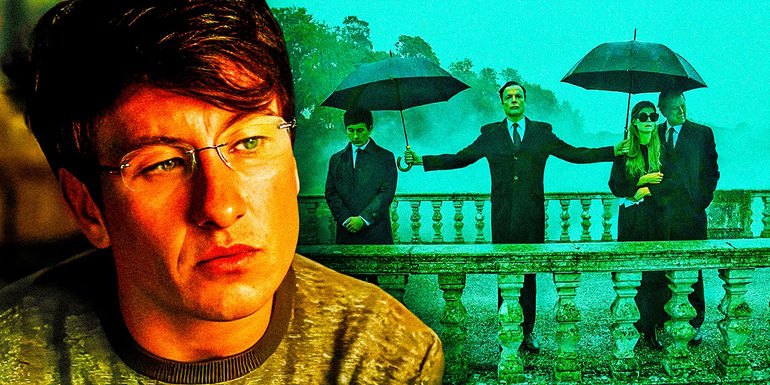 Oliver in glasses with an image of Oliver, Duncan, Elspeth, and James under umbrellas in Saltburn