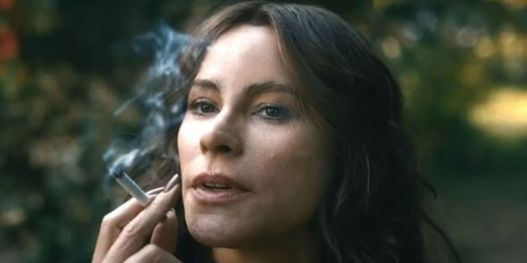 Sofía Vergara as Griselda Blanco smokes a cigarette in a scene from Griselda.