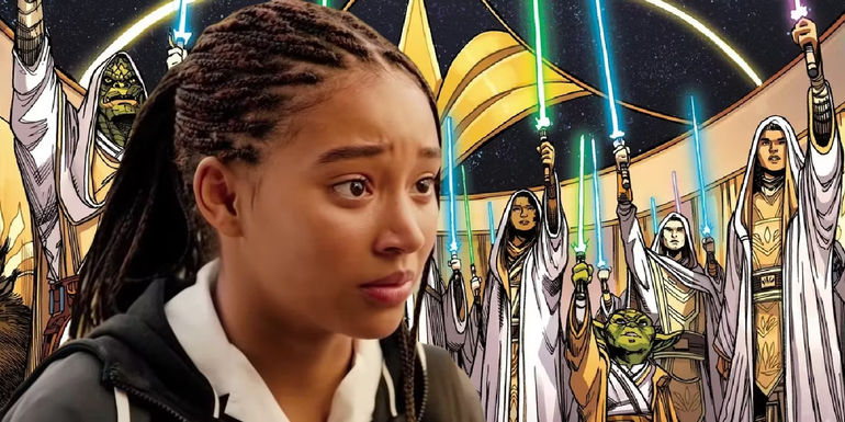 Amandla Stenberg, star of Star Wars: The Acolyte, in front of Jedi from the High Republic era