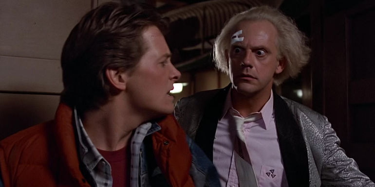 Doc Brown looking shocked at Marty in Back to the Future