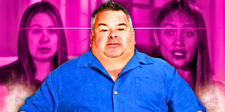 90 Day Fiancé's Big Ed Brown wearing blue button down shirt with Liz Woods and Rose Vega in the background in pink