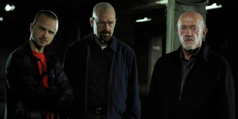 Aaron Paul as Jesse Pinkman, Bryan Cranston as Walter White, and Jonathan Banks as Mike Ehrmantraut in Breaking Bad.