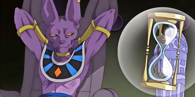 A purple cat-like creature folds hands behind his head as he smiles at an hourglass.