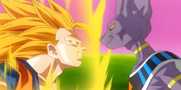 A spiky-haired man with a golden glow faces off against a purple cat-like creature.